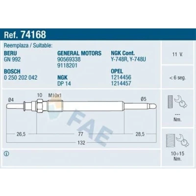 Imagem de FAE 74168 Vela incandescente 11V M10x100 OPEL: Astra G CC, Zafira A, Vectra B Sedan, KIA: cee‘d I Hatchback