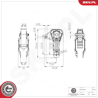 Imagem de ESEN SKV 75SKV116 Suporte, motor traseira Rolamento de Borracha e metal Alumínio, 192mm 78mm MERCEDES BENZ: CLA Coupe, Classe A, B