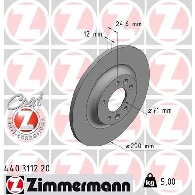 Imagem de ZIMMERMANN Disco de travão PEUGEOT: 508 I SW, 407 Sedan, CITROËN: C5 III Carrinha, 3 COAT Z 290mm 12mm 7/5 5furos 108mm cheio revestido