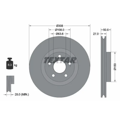 Imagem de TEXTAR 92306703 Disco de travão 308 27 05/05 108 interior ventilado revestido sem pernos fixação da roda, cubo roda