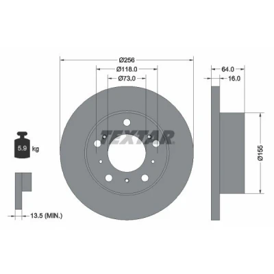 Imagem de TEXTAR 92034400 Disco de travão 256 16 05/10 118 cheio sem o rolamento da roda, pernos fixação cubo roda
