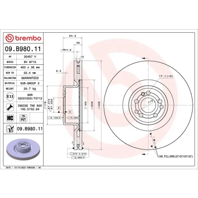 Imagem de BREMBO Disco de travão MERCEDES BENZ: Classe S Sedan 400mm 36mm 5 interior ventilado revestido alto carbono 09.B980.11 A2224210812,2224210812