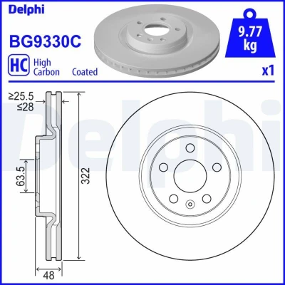 Imagem de DELPHI BG9330C Disco de travão 322 28 5 ventilado revestido alto carbono sem o rolamento da roda, anel sensor do ABS VOLVO: V90 II Carrinha