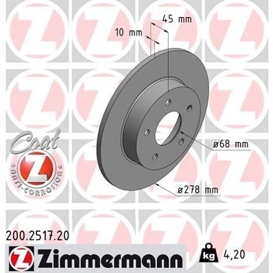 Imagem de ZIMMERMANN COAT Z 200.2517.20 Disco de travão 278 10 5/5 5 114 cheio revestido NISSAN: Primera Carrinha, Sedan, Almera Tino