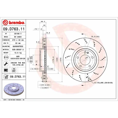 Imagem de BREMBO 09.D763.11 Disco de travão 370 32 5 interior ventilado revestido alto carbono com parafusos