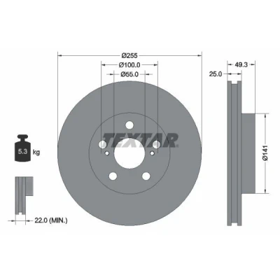 Imagem de TEXTAR PRO 92225003 Disco de travão 255 25 05/07 100 interior ventilado revestido sem pernos fixação da roda, cubo roda