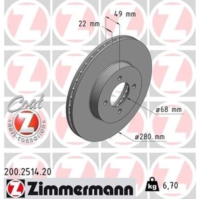 Imagem de ZIMMERMANN Disco de travão NISSAN: Almera II Hatchback, 2 Limousine, Primera Sedan COAT Z 200.2514.20 402062F500,402062F501,4020655F01