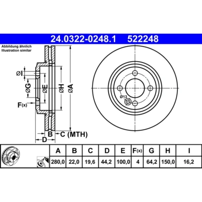 Imagem de ATE PowerDisc 24.0322 0248.1 Disco de travão 280,0 22,0 4 100,0 ventilado revestido alto carbono MINI: Clubman, Hatchback, Cabrio