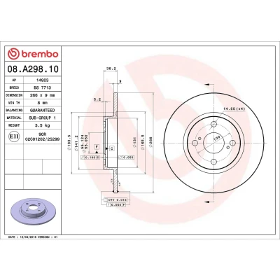 Imagem de BREMBO 08.A298.10 Disco de travão 266 9 4 cheio TOYOTA: Corolla VIII Compact, Liftback, VII Compact