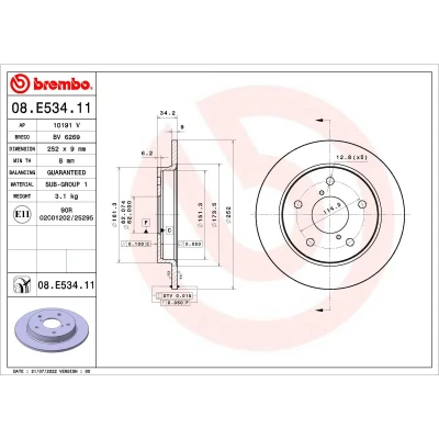 Imagem de BREMBO 08.E534.11 Disco de travão 252 9 5 cheio revestido