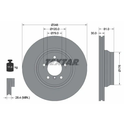 Imagem de TEXTAR PRO+ 92122905 Disco de travão 348 30 05/06 120 interior ventilado revestido alto carbono sem pernos fixação da roda, cubo roda BMW: 7