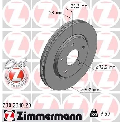 Imagem de ZIMMERMANN COAT Z 230.2310.20 Disco de travão 302 28 5/5 5 127 ventilado fora revestido DODGE: Journey MPV, CHRYSLER: VOYAGER 4, GRAND 5OYAGER
