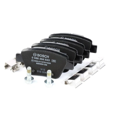 Imagem de BOSCH 0 986 494 643 Jogo de pastilhas para travão disco Baixo teor metálico com chapa anti ruído, parafusos mola, acessórios endado,