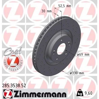 Imagem de ZIMMERMANN Disco de travão HYUNDAI: i30 III Hatchback 330mm 30mm 7/5 5furos 114mm interior ventilado, perfurado revestido alto carbono 285.3538.52