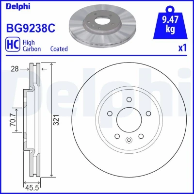 Imagem de DELPHI BG9238C Disco de travão 321 28 5 ventilado revestido alto carbono sem o rolamento da roda, anel sensor do ABS