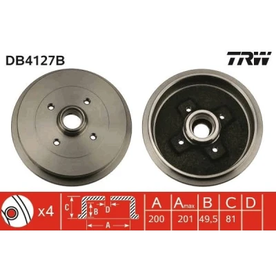 Imagem de TRW DB4127B Tambor de Travão com chumaceira, sem anel sensor do ABS VOLKSWAGEN: GOLF 3, Polo III Hatchback, SEAT: Ibiza 2, Córdoba I Vario