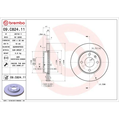 Imagem de BREMBO 09.C824.11 Disco de travão 236 20 4 interior ventilado revestido com parafusos OPEL: Karl