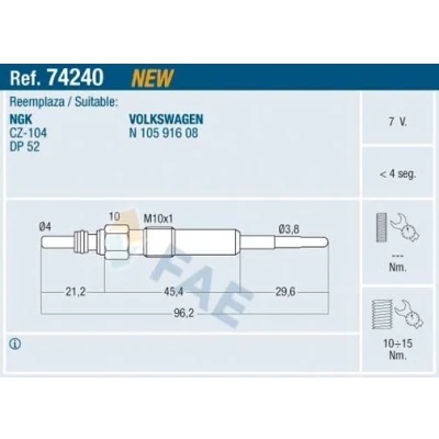 Imagem de FAE 74240 Vela incandescente 7V M 10x1 AUDI: A4 B7 Avant, Sedan, A3 Sportback, VOLKSWAGEN: Transporter 5, Polo IV Hatchback, Passat B6 Variant