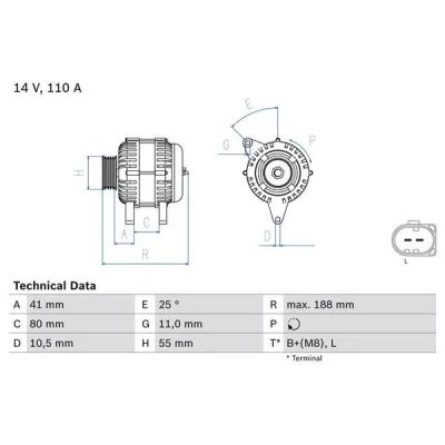 Imagem de BOSCH 0 986 046 060 Alternador 14V 110A FIAT: Ducato II Camião de plataforma/Chassis, III Van, plataforma / Chassis