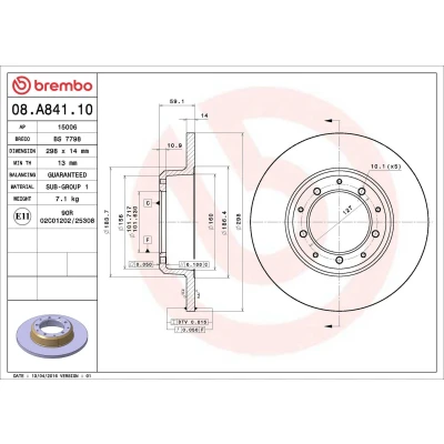 Imagem de BREMBO 08.A841.10 Disco de travão 298 14 5 cheio LAND ROVER: Defender SUV, SUV Cabrio, Pick up