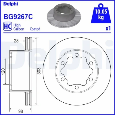 Imagem de DELPHI BG9267C Disco de travão 303 28 6 ventilado revestido alto carbono sem o rolamento da roda, anel sensor do ABS VOLKSWAGEN: Crafter Van