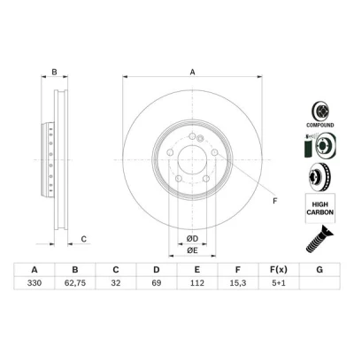 Imagem de BOSCH 0 986 479 G43 disco de travão 330 32 5 112 duas peças, ventilado revestido ligado/alto carbono com parafusos