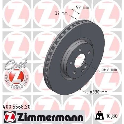 Imagem de ZIMMERMANN Disco de travão MERCEDES BENZ: Classe V, Vito Tourer 330mm 32mm 6/5 5furos 112mm interior ventilado revestido alto carbono 400.5568.20