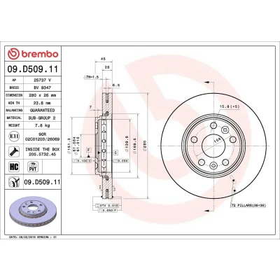 Imagem de BREMBO 09.D509.11 Disco de travão 280 26 5 interior ventilado revestido alto carbono com parafusos RENAULT: Kangoo II Express