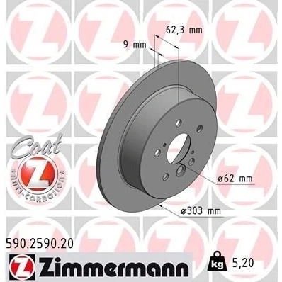 Imagem de ZIMMERMANN Disco de travão TOYOTA: RAV4 II SUV COAT Z 303mm 9mm 8/5 5furos 114mm cheio revestido 590.2590.20 T113502075,4243142040,4243142041