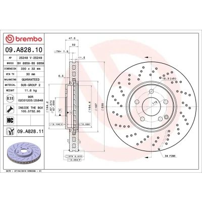 Imagem de BREMBO COATED DISC LINE 09.A828.11 Disco de travão 330 32 5 perfurado/ventilado revestido alto carbono com parafusos MERCEDES BENZ: Classe E Sedan