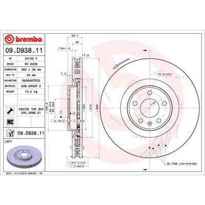 Imagem de BREMBO 09.D938.11 Disco de travão 360 36 5 interior ventilado, fendido revestido alto carbono com parafusos PORSCHE: Macan