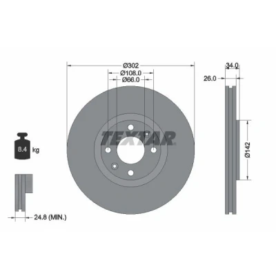 Imagem de TEXTAR PRO 92133203 Disco de travão 302 26 04/06 108 ventilado fora revestido sem pernos fixação da roda, cubo roda PEUGEOT: 307 SW