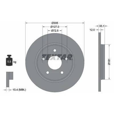 Imagem de TEXTAR PRO+ 92181005 Disco de travão 305 12 05/05 127 cheio revestido alto carbono sem pernos fixação da roda, cubo roda DODGE: Journey MPV