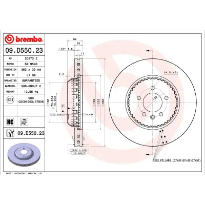 Imagem de BREMBO 09.D550.23 disco de travão 363 33 5 interior ventilado, duas peças revestido alto carbono