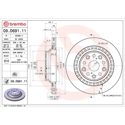 Imagem de BREMBO 09.D691.11 Disco de travão 335 22 5 interior ventilado revestido