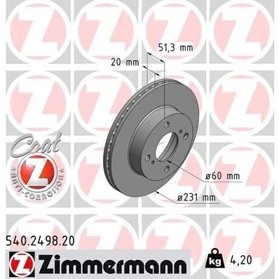 Imagem de ZIMMERMANN COAT Z 540.2498.20 Disco de travão 231 20 6/4 4 100 interior ventilado revestido SUZUKI: Alto VII