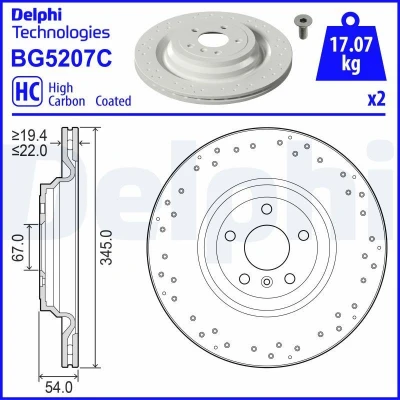 Imagem de DELPHI Disco de travão MERCEDES BENZ: Classe ML 345mm 22mm 5 ventilado, perfurado revestido alto carbono BG5207C 1664230312,A1664230312