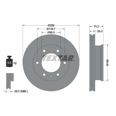 Imagem de TEXTAR 92223000 Disco de travão 289 28 06/07 139,7 interior ventilado sem o rolamento da roda, pernos fixação cubo roda