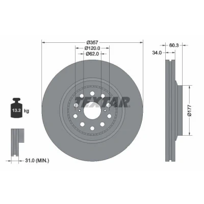 Imagem de TEXTAR PRO 92224203 Disco de travão 357 34 05/12 120 ventilado fora revestido sem pernos fixação da roda, cubo roda