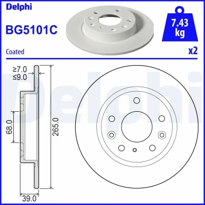 Imagem de DELPHI BG5101C Disco de travão 265 9 5 cheio revestido não tratado sem o rolamento da roda, anel sensor do ABS