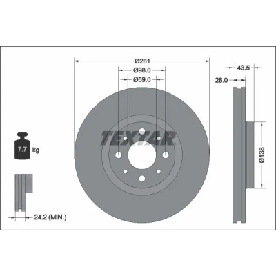 Imagem de TEXTAR 92344703 Disco de travão 281 26 04/08 98 interior ventilado revestido sem pernos fixação da roda, cubo roda FIAT: 500 Hatchback
