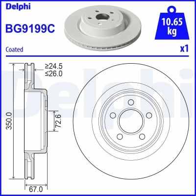 Imagem de DELPHI BG9199C Disco de travão 350 26 5 ventilado revestido não tratado sem o rolamento da roda, anel sensor do ABS CHRYSLER: 300C Sedan