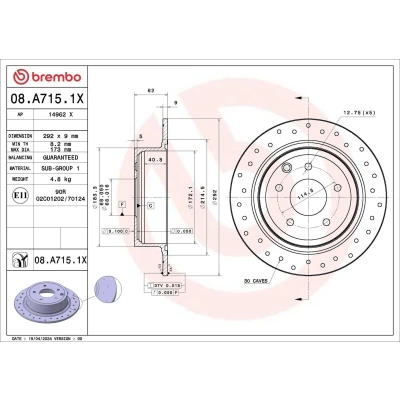 Imagem de BREMBO Disco de travão NISSAN: Qashqai / Qashqai+2 I, Juke, Pulsar Hatchback 292mm 9mm 5 cheio, perfurado 08.A715.1X Discos