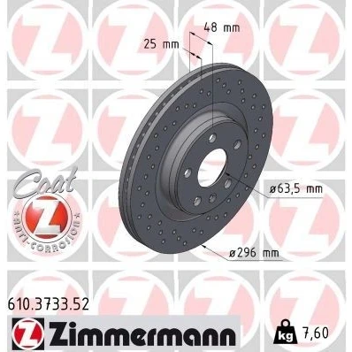 Imagem de ZIMMERMANN Disco de travão 25mm 6/5 5furos 108mm interior ventilado, perfurado revestido 610.3733.52 31471414,32300121 Discos