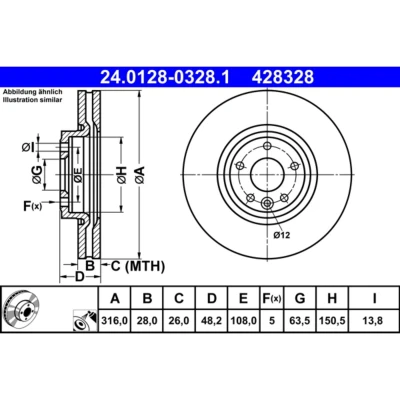 Imagem de ATE 24.0128 0328.1 Disco de travão 316,0 28,0 5 108,0 ventilado revestido alto carbono JAGUAR:
