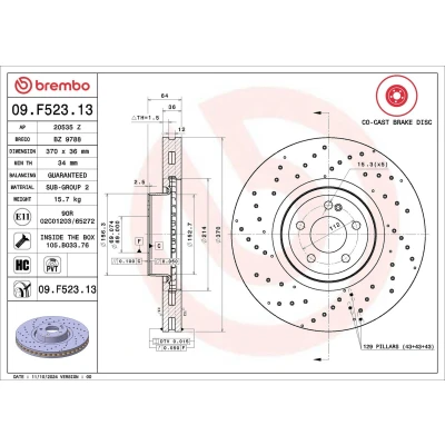 Imagem de BREMBO disco de travão Prime 370mm 36mm 5 perfurado/ventilado, duas peças, Cuba do em aço 09.F523.13 A2234214200