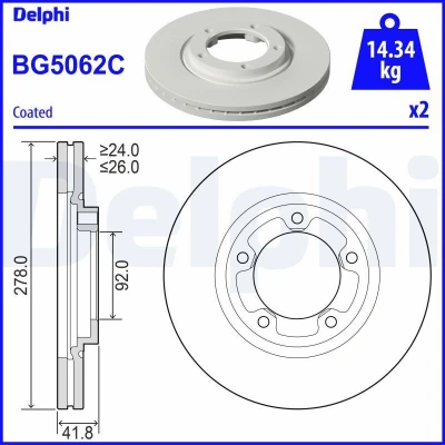 Imagem de DELPHI Disco de travão 278mm 26mm 5 ventilado revestido BG5062C 517124E000 Discos