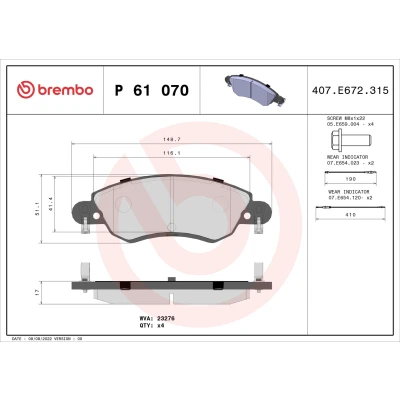 Imagem de BREMBO P 61 070 Jogo de pastilhas para travão disco incl. contacto aviso desgaste com parafusos pinça sem acessórios