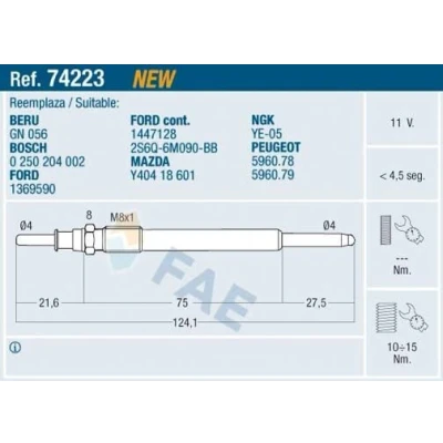 Imagem de FAE 74223 Vela incandescente 11V M 8x1 PEUGEOT: 307 Hatchback, 308 I SW, CITROËN: C3 C4 Grand Picasso, Hatchback