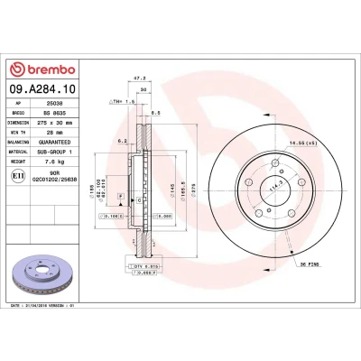 Imagem de BREMBO 09.A284.10 Disco de travão 275 30 5 interior ventilado TOYOTA: MR2 II Coupe